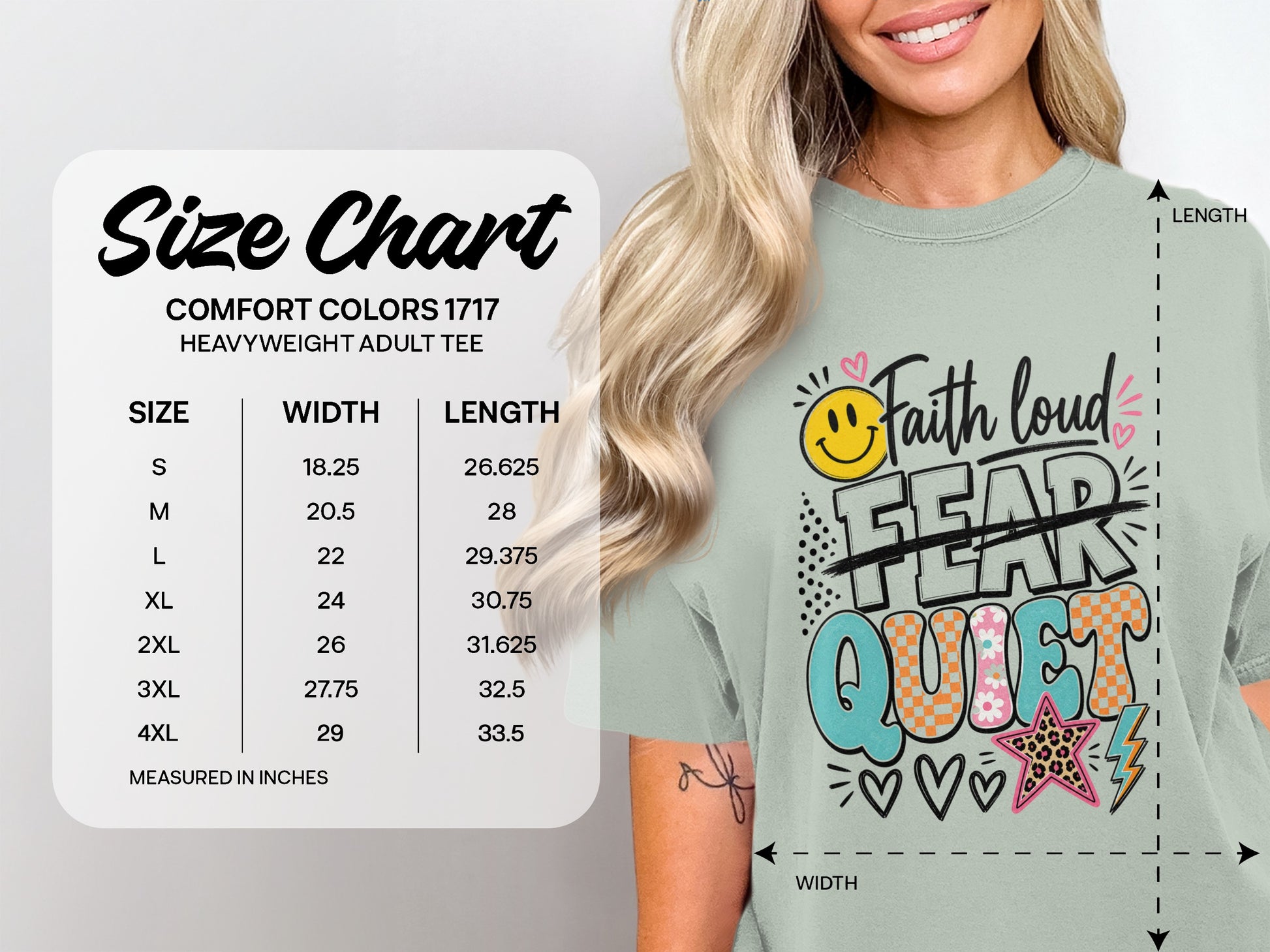 Comfort Colors 1717 heavyweight adult tee size chart with width and length measurements in inches.