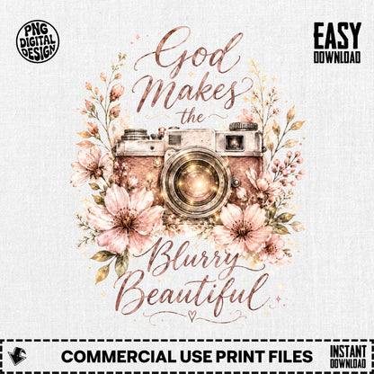 Vintage camera surrounded by flowers, text "God Makes the Blurry Beautiful".
