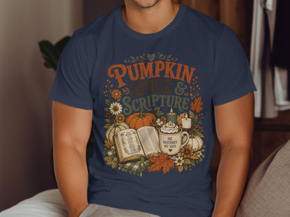 Pumpkin Spice and Scripture t-shirt with Bible open to Psalm 119:105.