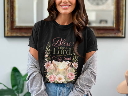 Black t-shirt with floral graphic and text "Bless the Lord, O My Soul".