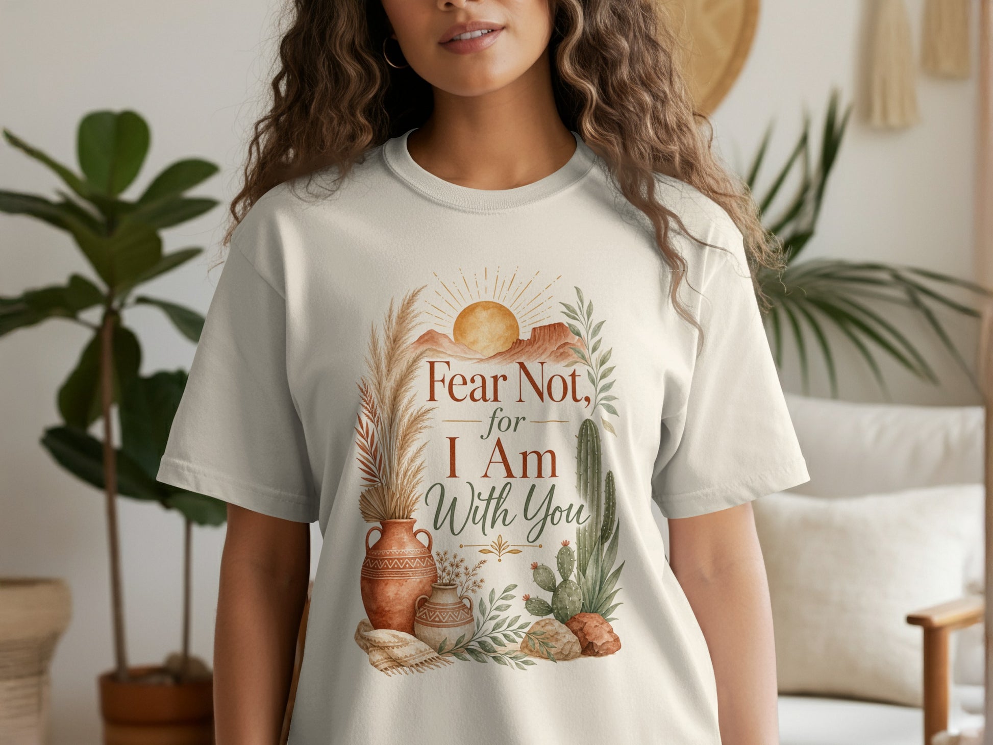 Cream t-shirt with desert floral design and "Fear Not, for I Am With You" text.