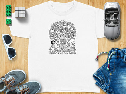 T-shirt design with "Fruits of the Spirit" theme and children around a tree.