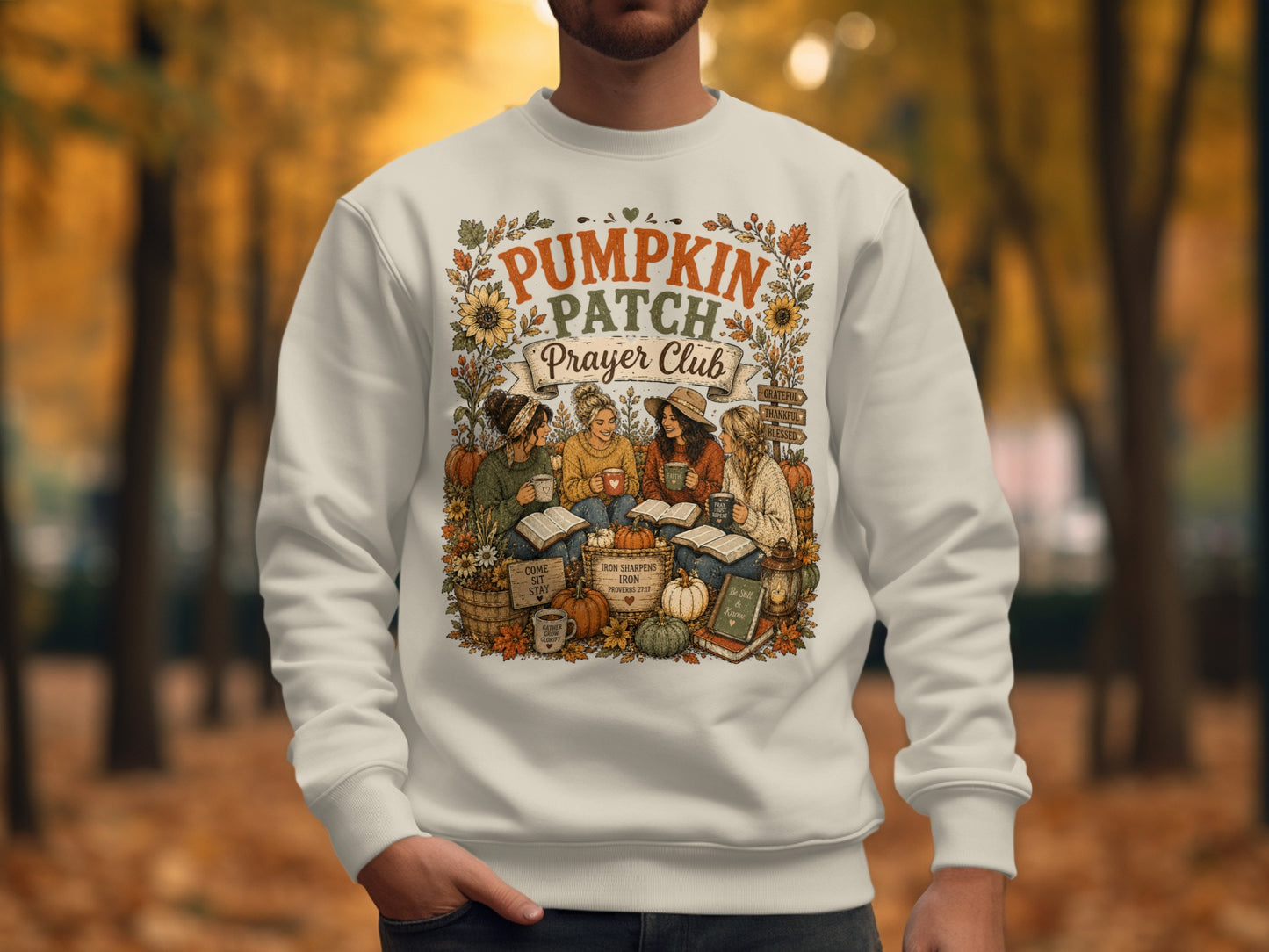 Crewneck sweatshirt with "Pumpkin Patch Prayer Club" graphic and fall imagery.