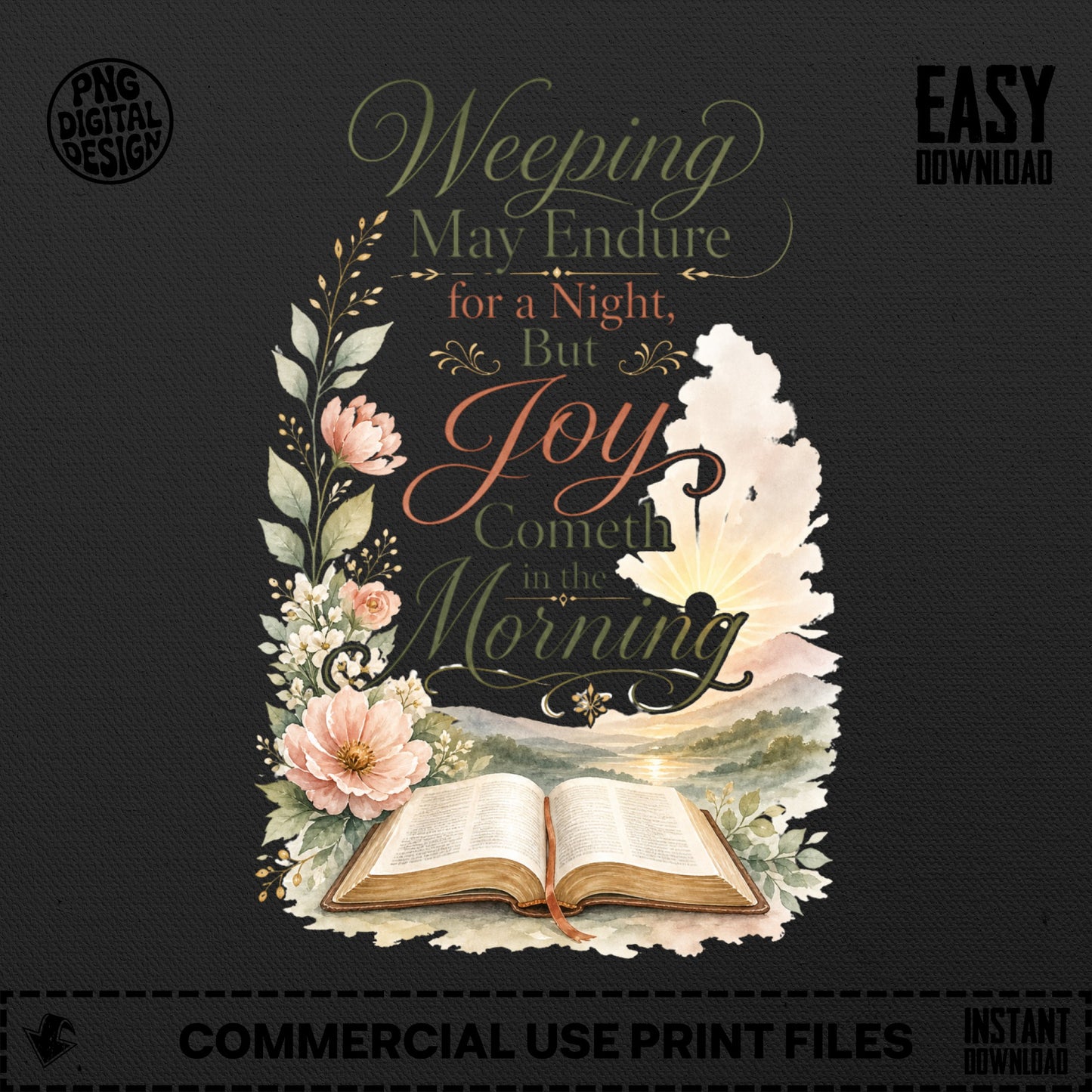 Open Bible with flowers and "Joy Cometh in the Morning" quote and sunrise.