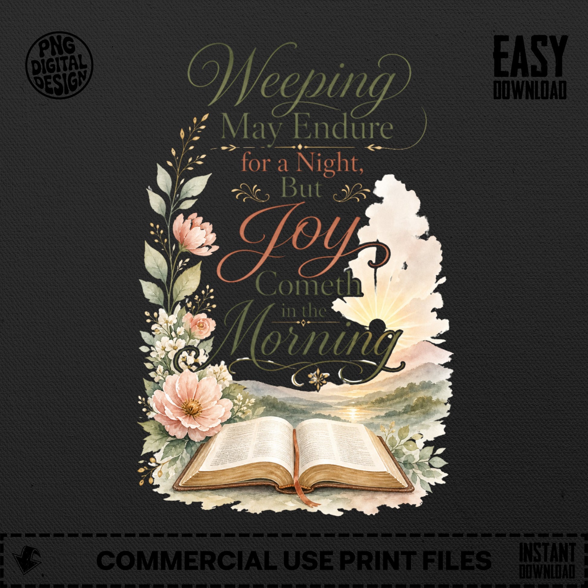 Open Bible with flowers and "Joy Cometh in the Morning" quote and sunrise.