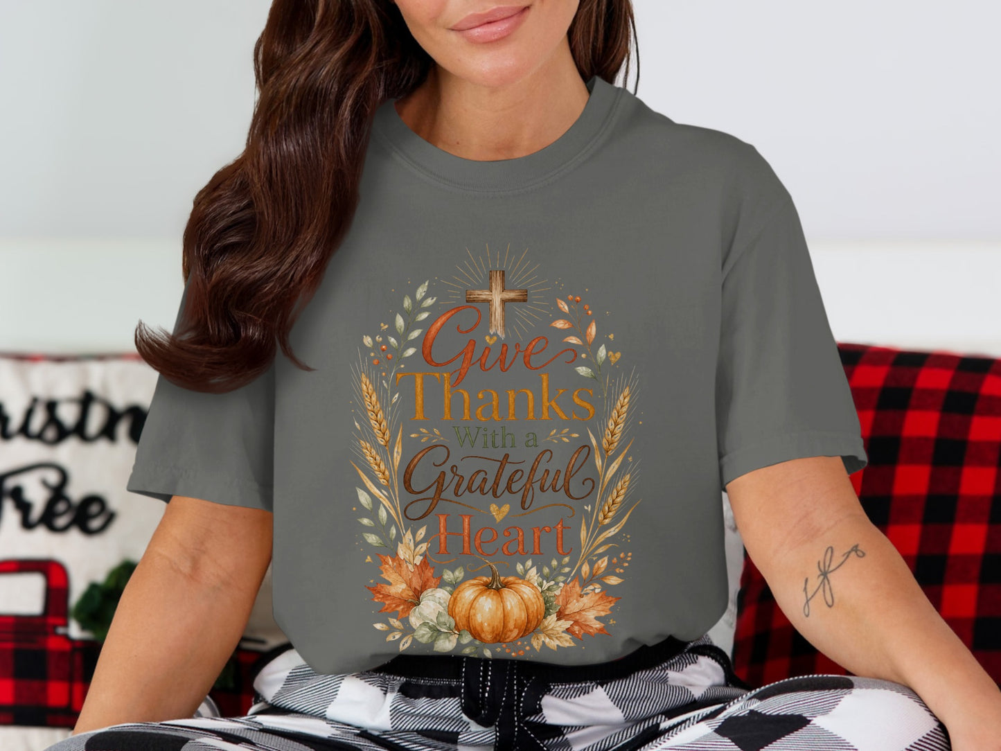 Gray t-shirt with "Give Thanks With a Grateful Heart" text design.