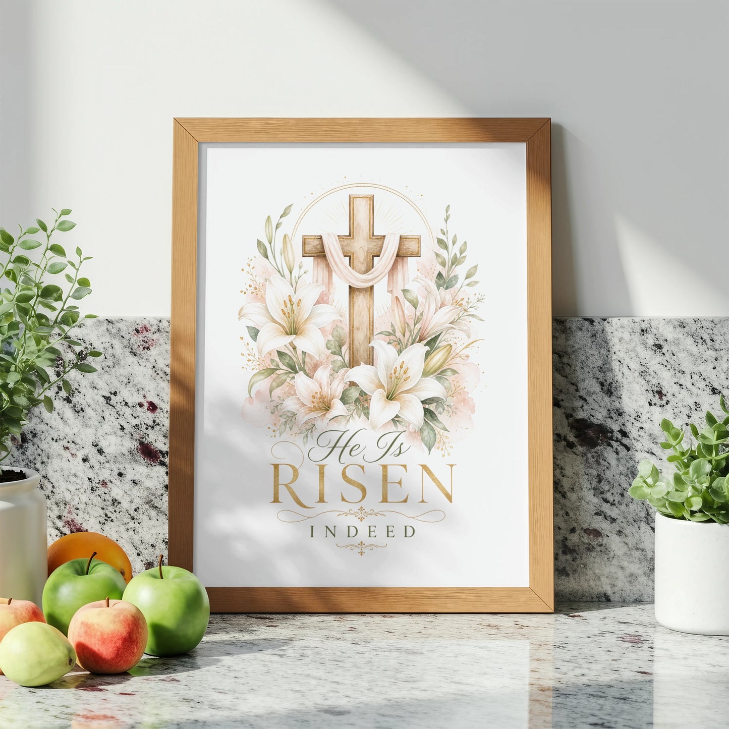 Framed art with a wooden cross, lilies, and "He Is Risen Indeed" text.