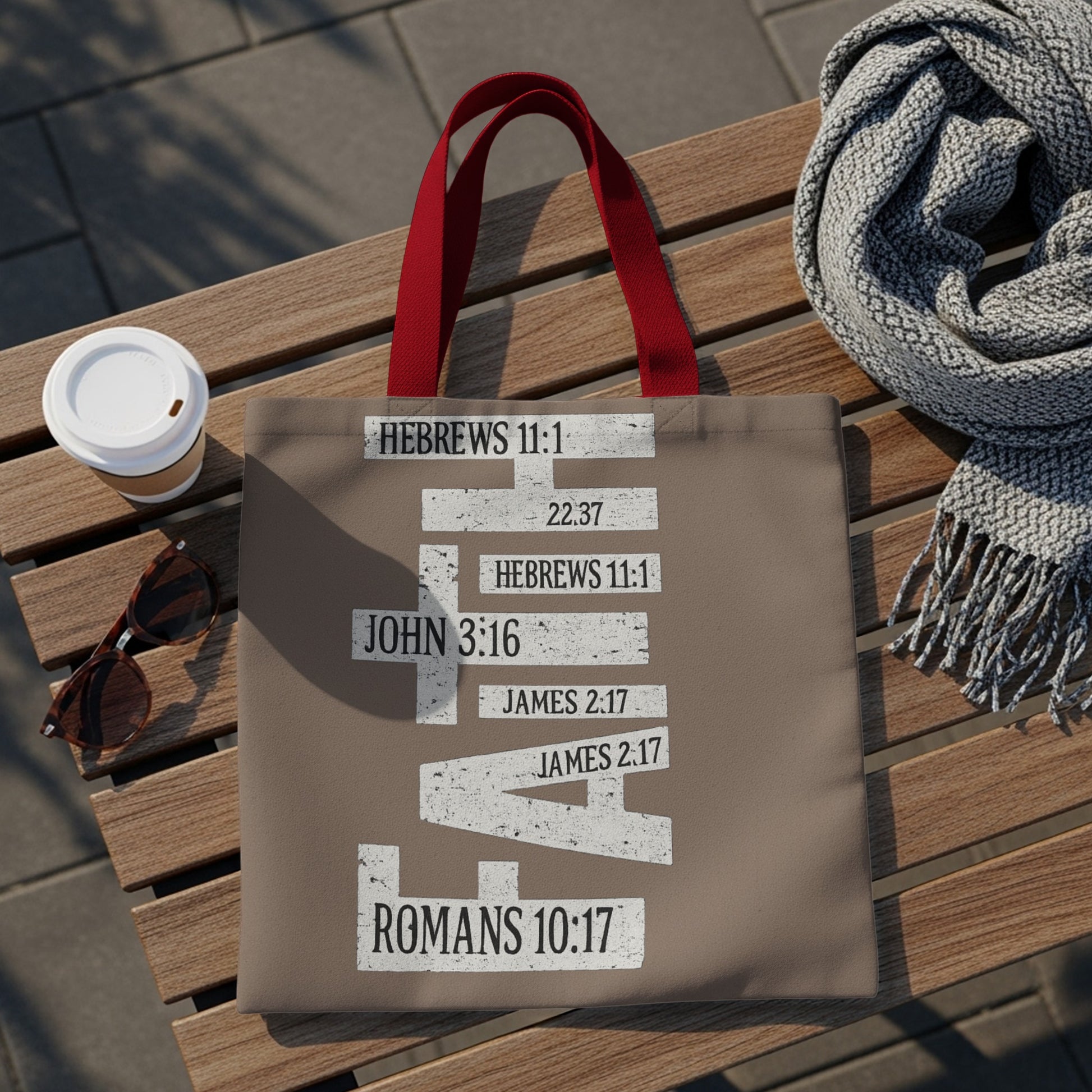 Tote bag with Bible verses and scripture references printed on the front.