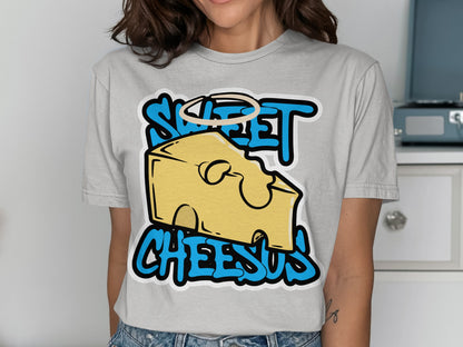 T-shirt with yellow cheese slice graphic and "Sweet Cheesus" text.