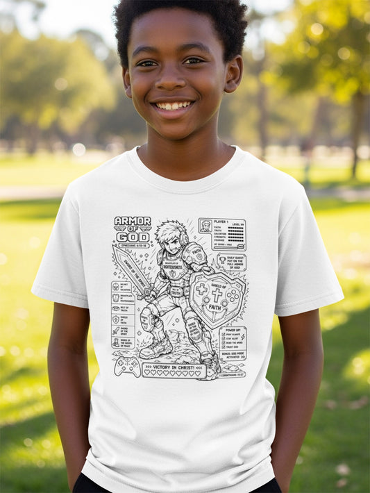Boy wearing a white t-shirt with "Armor of God" graphic and game-like stats.