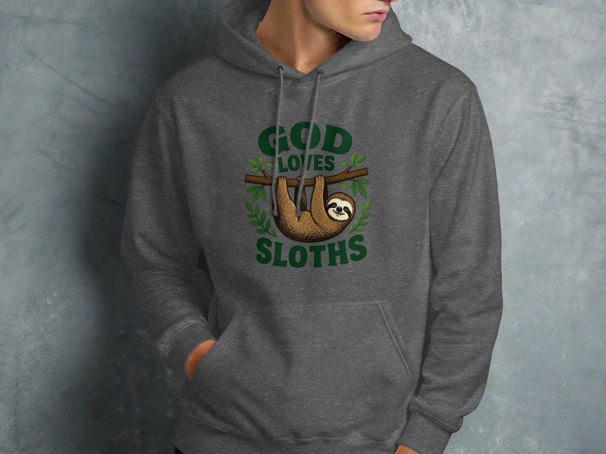 Dark grey hoodie with "God Loves Sloths" text and a sloth on a branch.