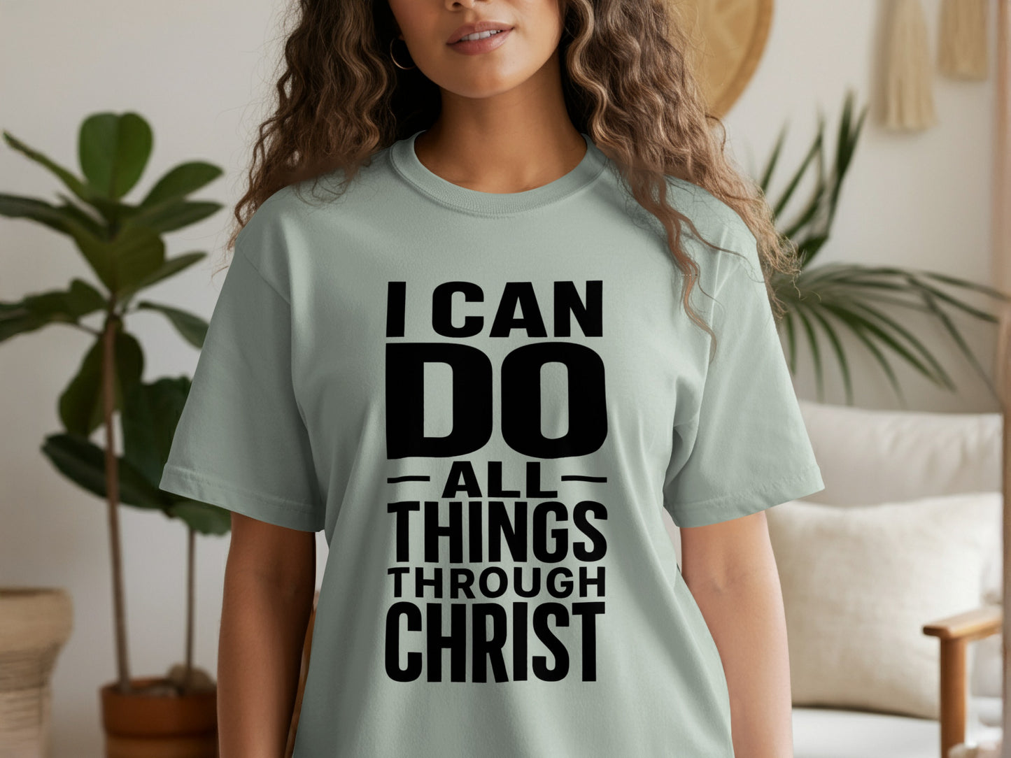 Light green t-shirt with black text: "I CAN DO ALL THINGS THROUGH CHRIST."