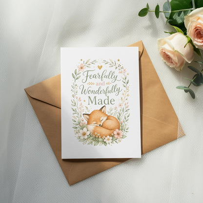 Card with sleeping fox and "Fearfully and Wonderfully Made" message.