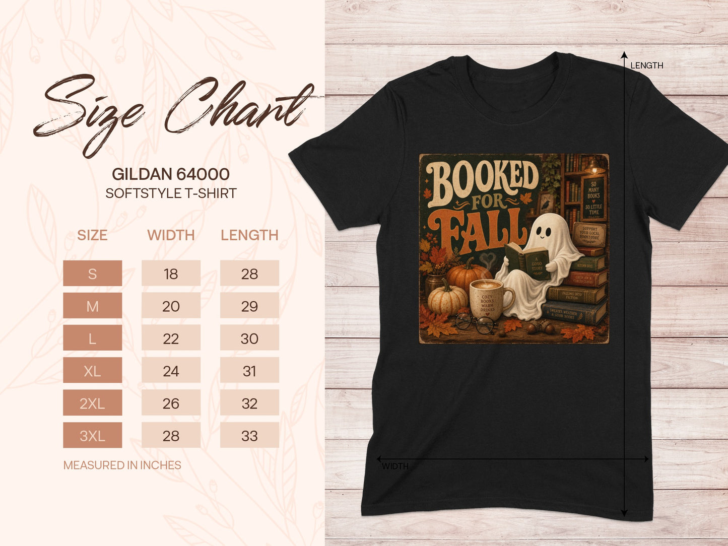 Black t-shirt with a "Booked for Fall" graphic of a ghost reading a book among pumpkins and books.