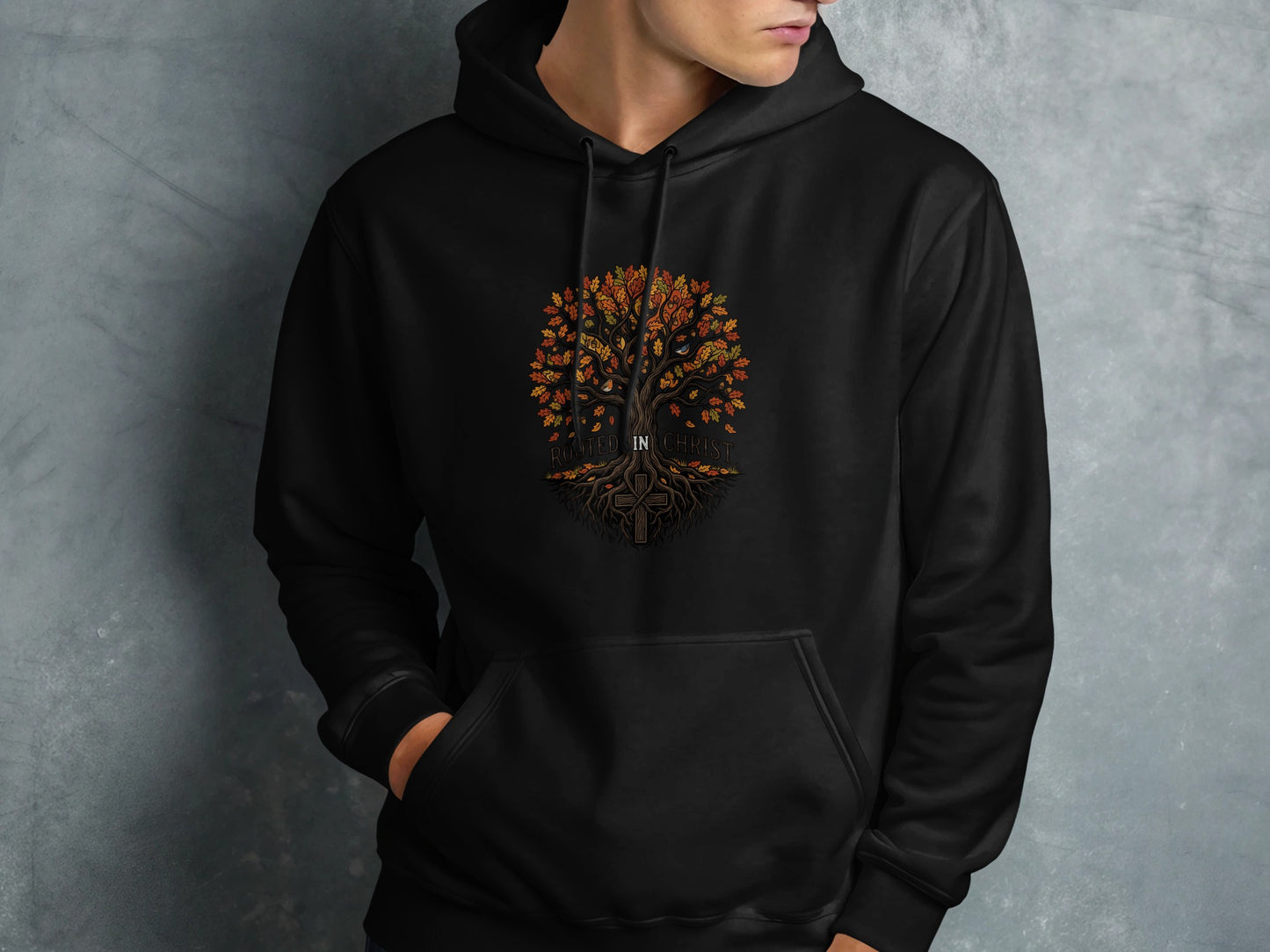 Rooted In Christ T-Shirt, Christian Faith Tree of Life Tee, Autumn Oak Tree with Cross Roots, Inspirational Religious Shirt Gift, Fall