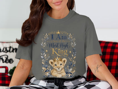 Dark gray t-shirt with a lion cub graphic and text "I Am a Son of the Most High King".