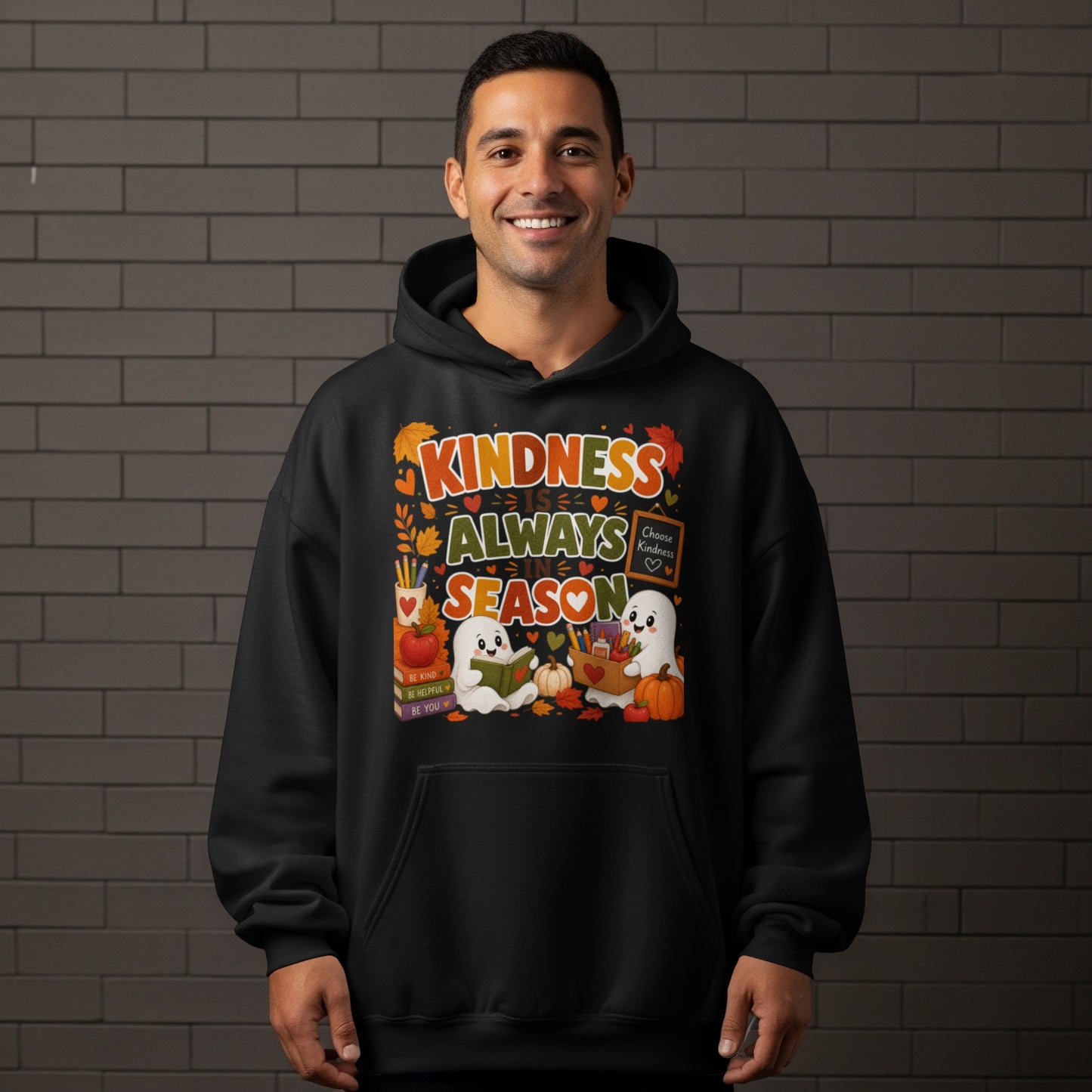 Kindness Is Always In Season graphic with ghosts and fall leaves.