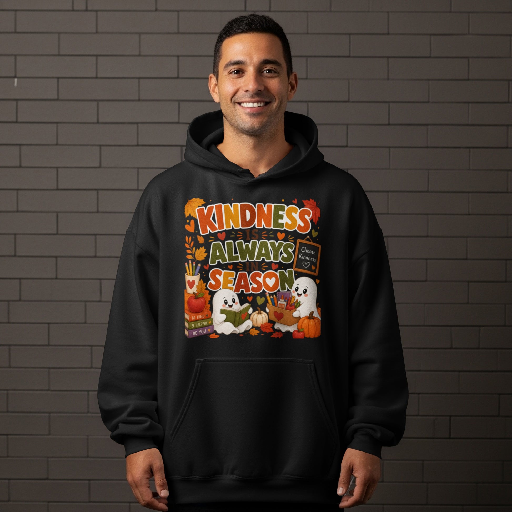 Kindness Is Always In Season graphic with ghosts and fall leaves.