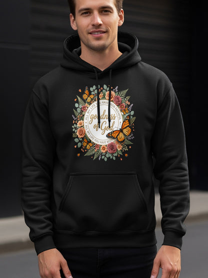 Hoodie with floral design and text "goodness of God."