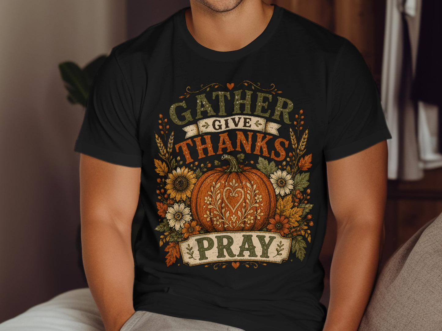 Black t-shirt with "GATHER GIVE THANKS PRAY" and pumpkin and floral design.