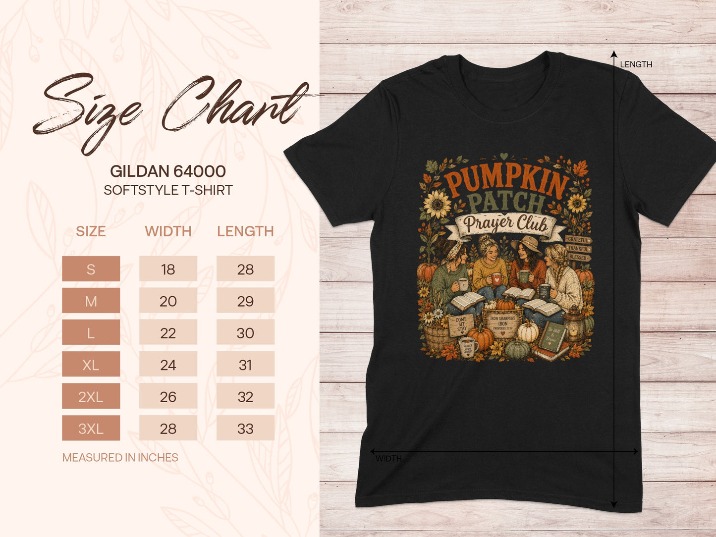 Gildan 64000 size chart with "Pumpkin Patch Prayer Club" graphic.