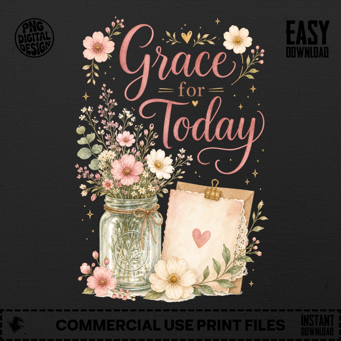 Floral arrangement with "Grace for Today" text and small heart on parchment paper.