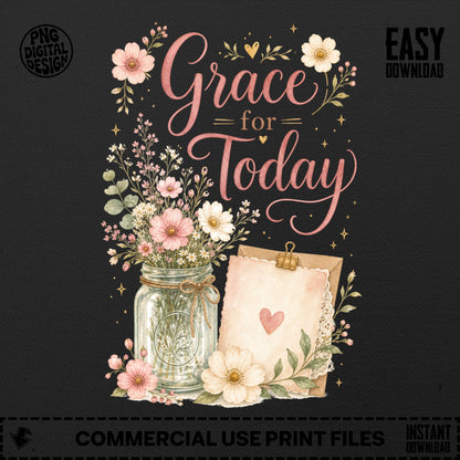 Floral arrangement with "Grace for Today" text and small heart on parchment paper.