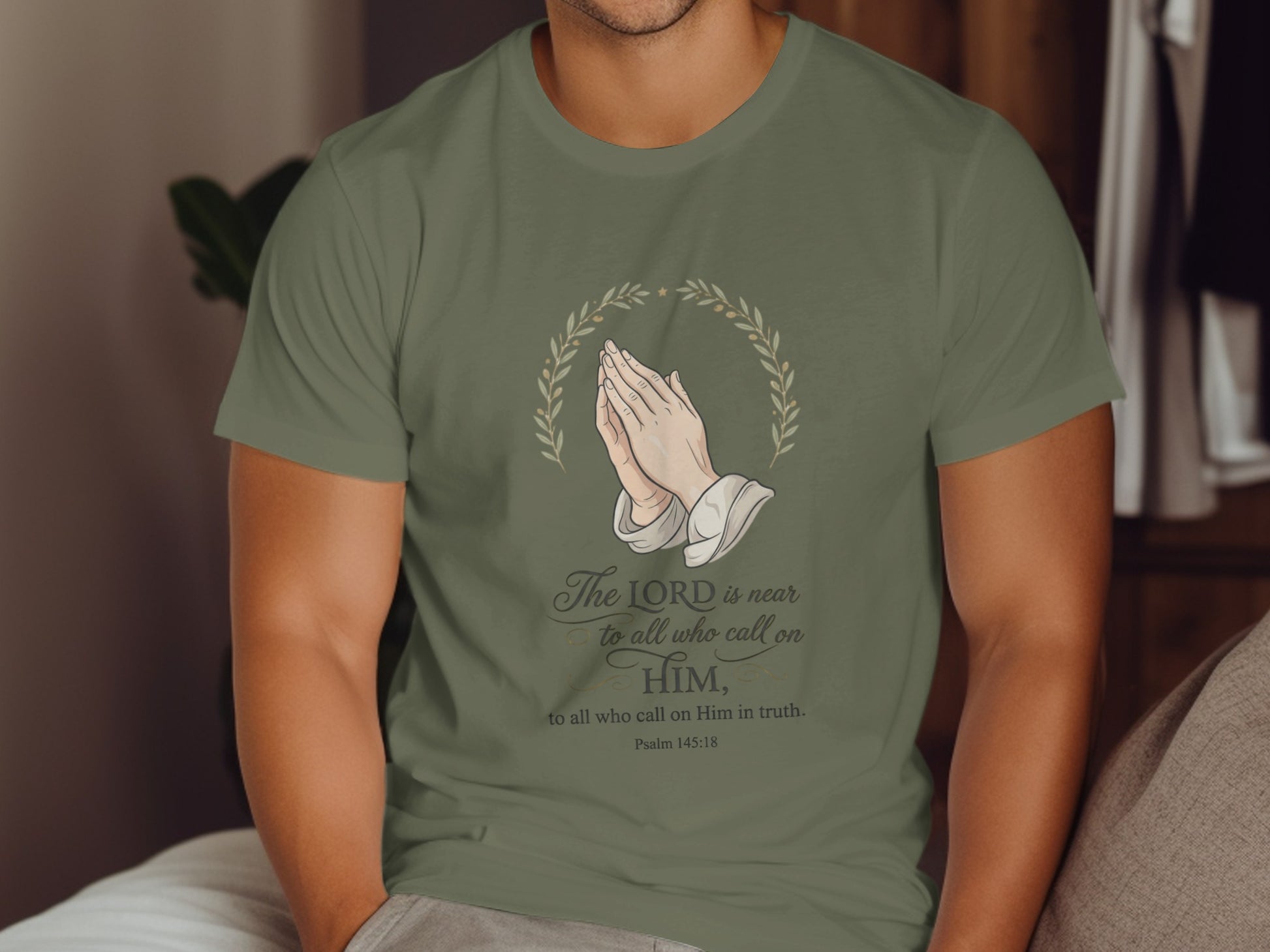 Olive t-shirt with praying hands, olive branches, and Psalm 145:18 text.