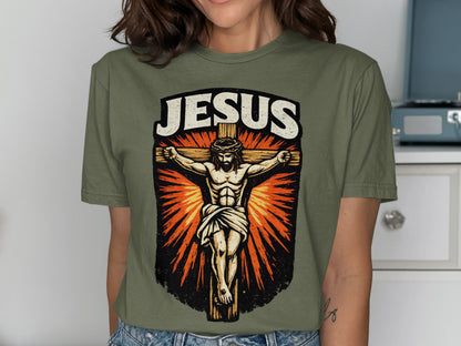 Olive green t-shirt with Jesus Christ crucifixion graphic and "JESUS" text.