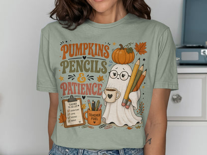 Ghost with pumpkin on head, holding pencils and coffee, with "Pumpkins Pencils Patience" text.