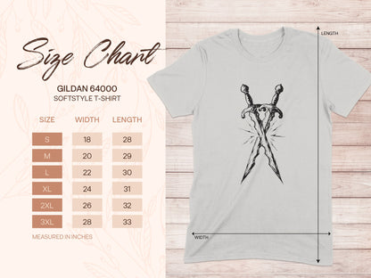 Gildan 64000 Softstyle T-Shirt size chart with width and length measurements.