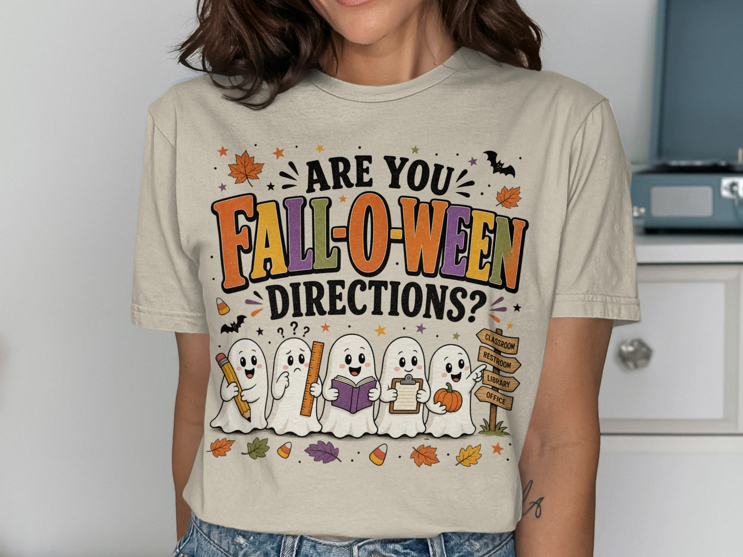 Ghosts with school supplies ask "Are you FALL-O-WEEN DIRECTIONS?"