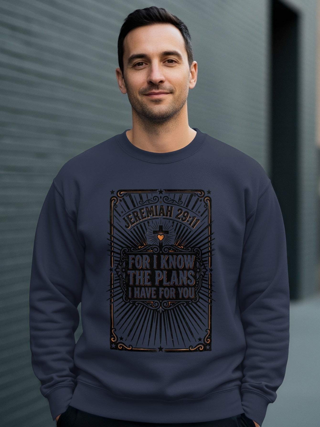Navy sweatshirt with "Jeremiah 29:11 For I know the plans I have for you" text.