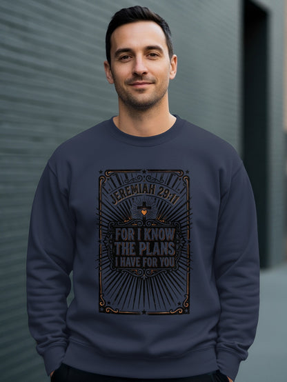 Navy sweatshirt with "Jeremiah 29:11 For I know the plans I have for you" text.