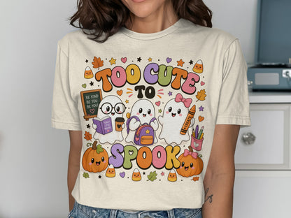 Halloween ghosts, pumpkins, candy corn, and the text "TOO CUTE TO SPOOK".