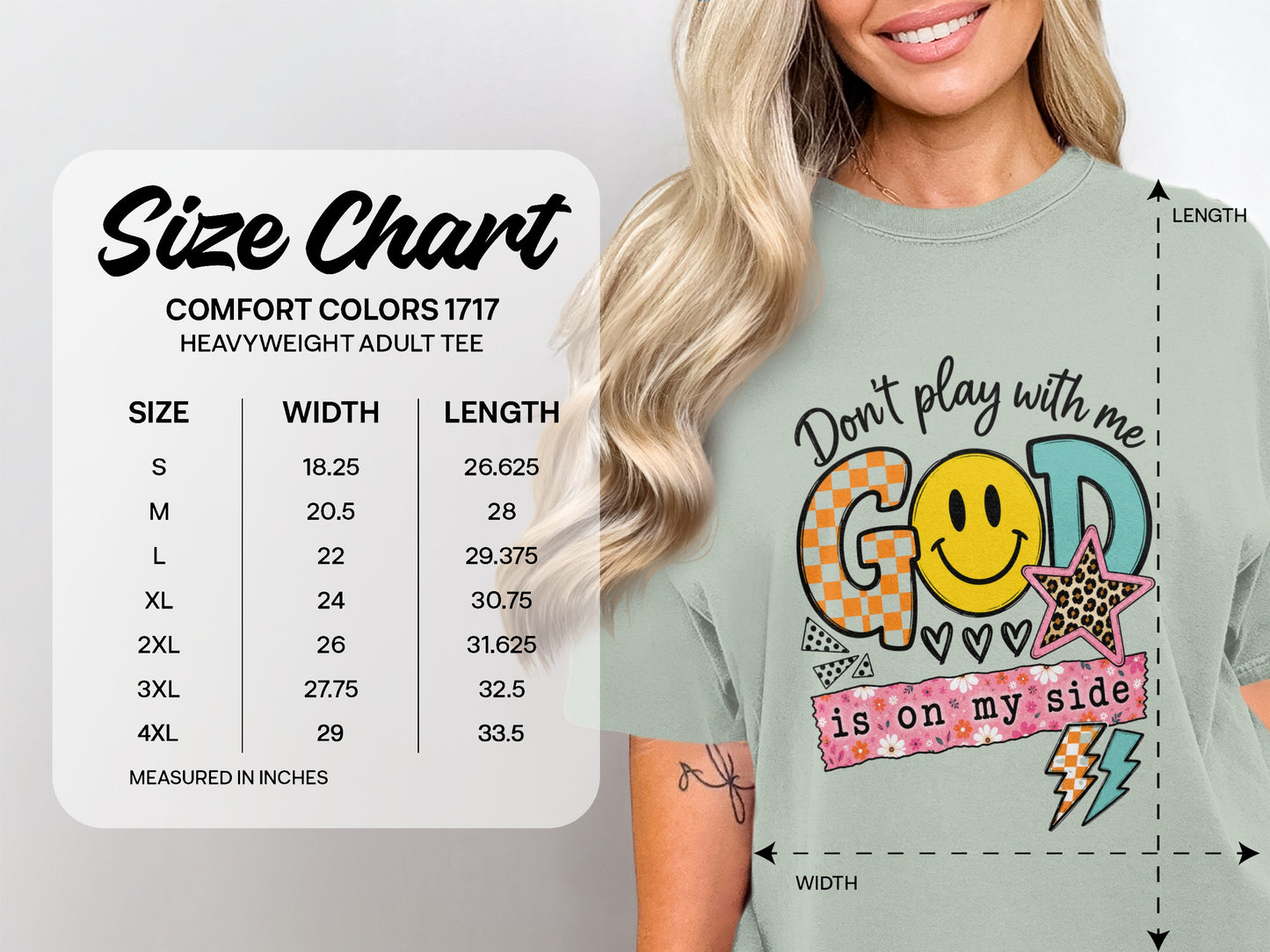 Size chart for Comfort Colors 1717 heavyweight adult tee with width and length measurements in inches.