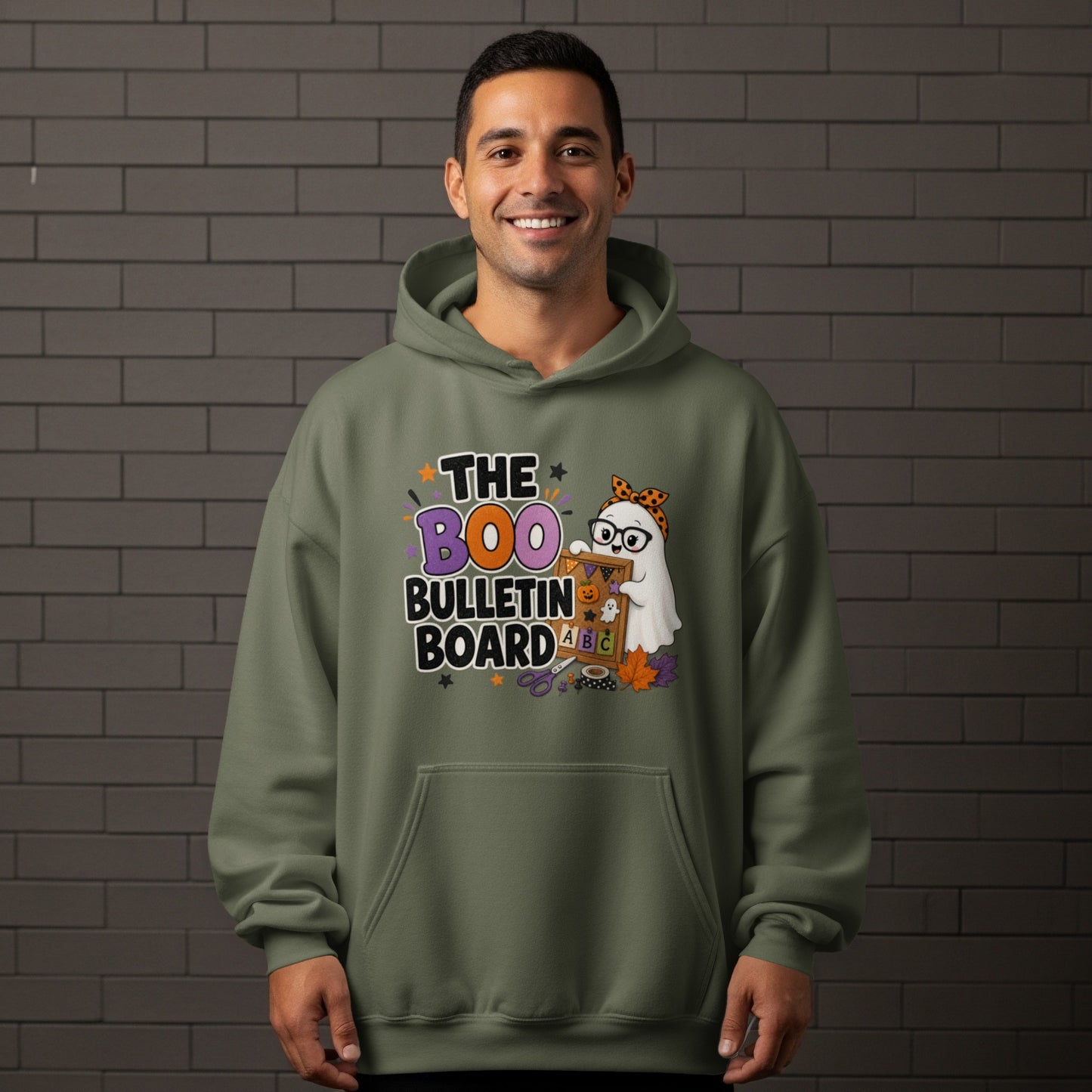 "The Boo Bulletin Board" text with Halloween ghost and school supplies graphics.