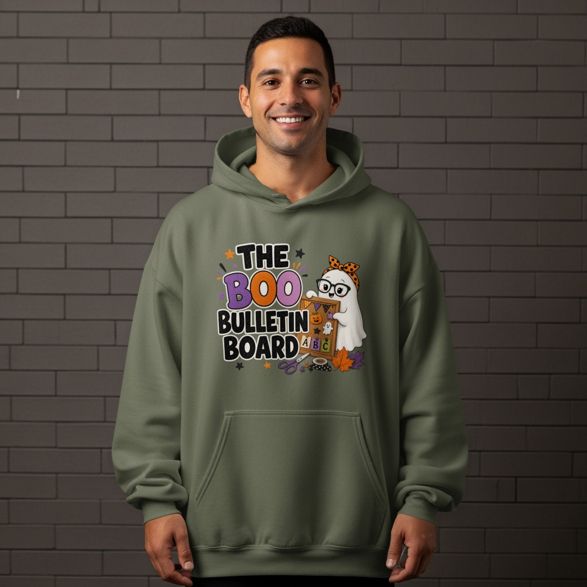 "The Boo Bulletin Board" text with Halloween ghost and school supplies graphics.
