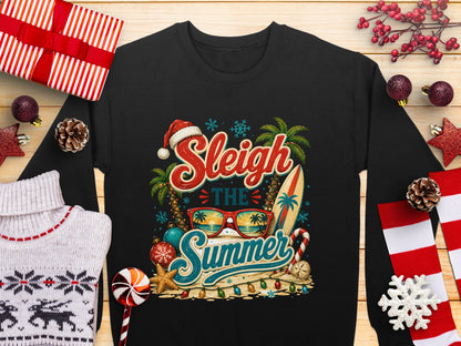 Black sweatshirt with "Sleigh the Summer" text and beach-themed graphics.