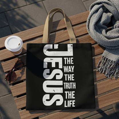 Black tote bag with white text "Jesus The Way The Truth The Life".
