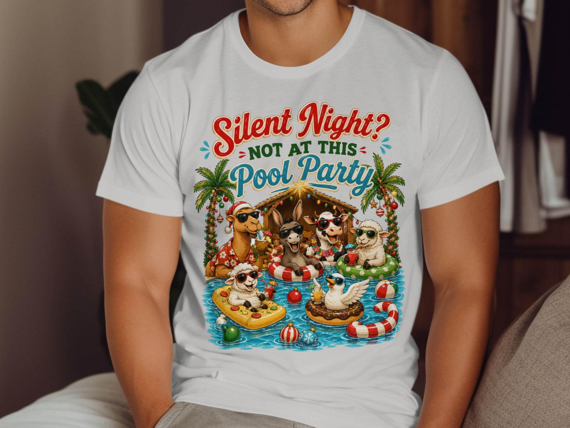 Animals in pool with text "Silent Night? Not at this Pool Party".