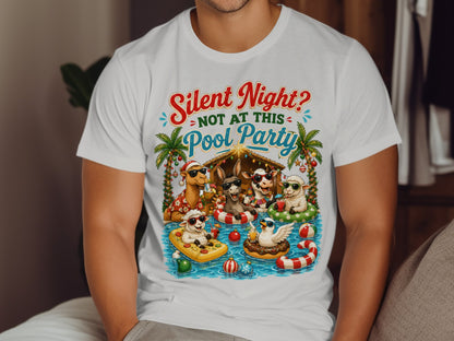 Animals in pool with text "Silent Night? Not at this Pool Party".
