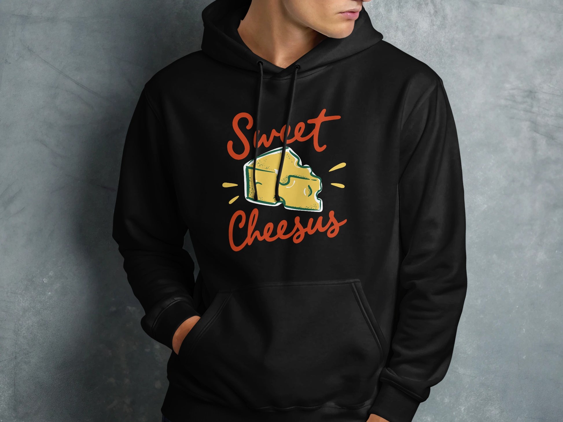 Black hoodie with "Sweet Cheesus" text and cheese graphic.