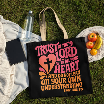 Black tote bag with "Trust in the Lord" and Proverbs 3:5 verse.
