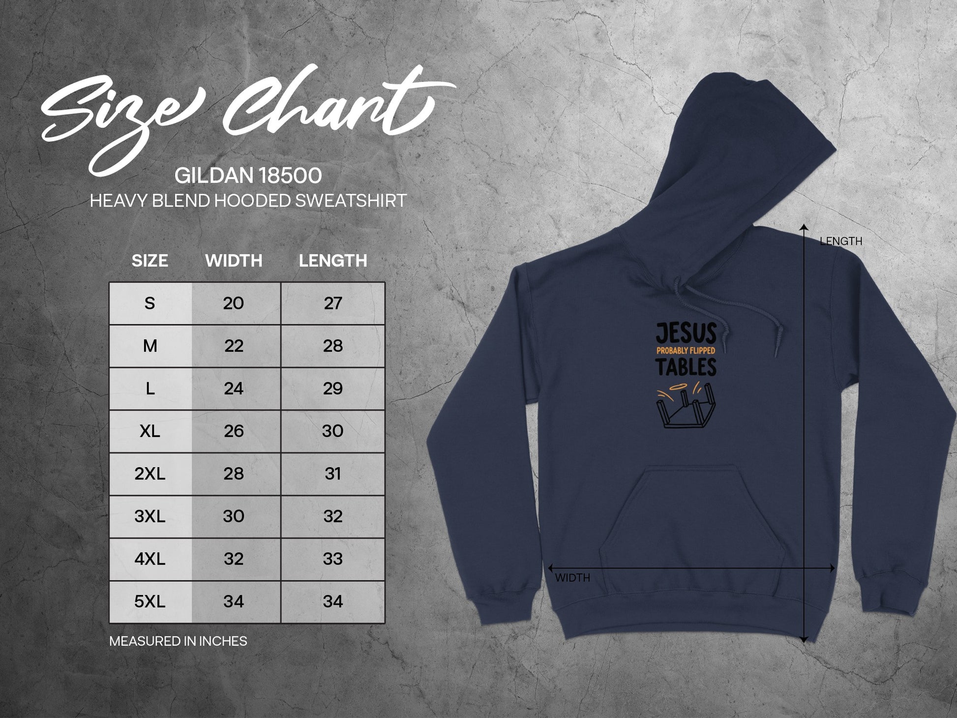 Gildan 18500 size chart for heavy blend hooded sweatshirt with chest width and length measurements.