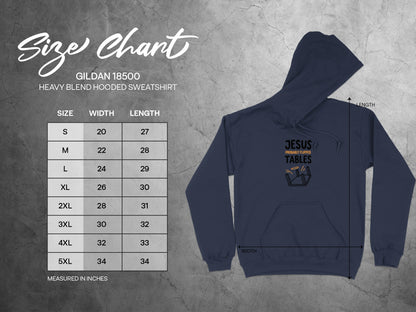 Gildan 18500 size chart for heavy blend hooded sweatshirt with chest width and length measurements.