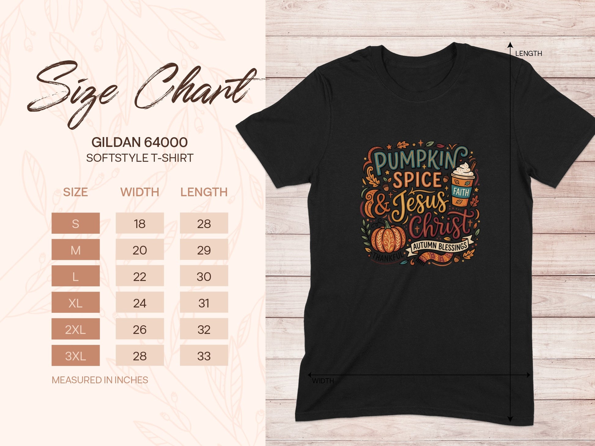 Gildan 64000 softstyle t-shirt size chart with pumpkin spice and Jesus Christ graphic.