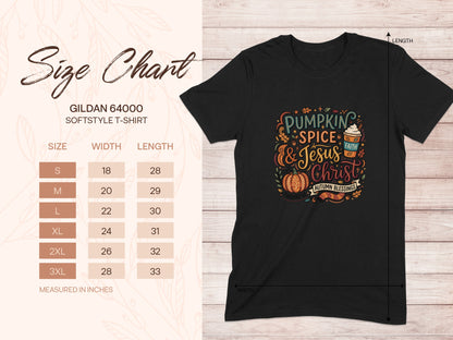 Gildan 64000 softstyle t-shirt size chart with pumpkin spice and Jesus Christ graphic.
