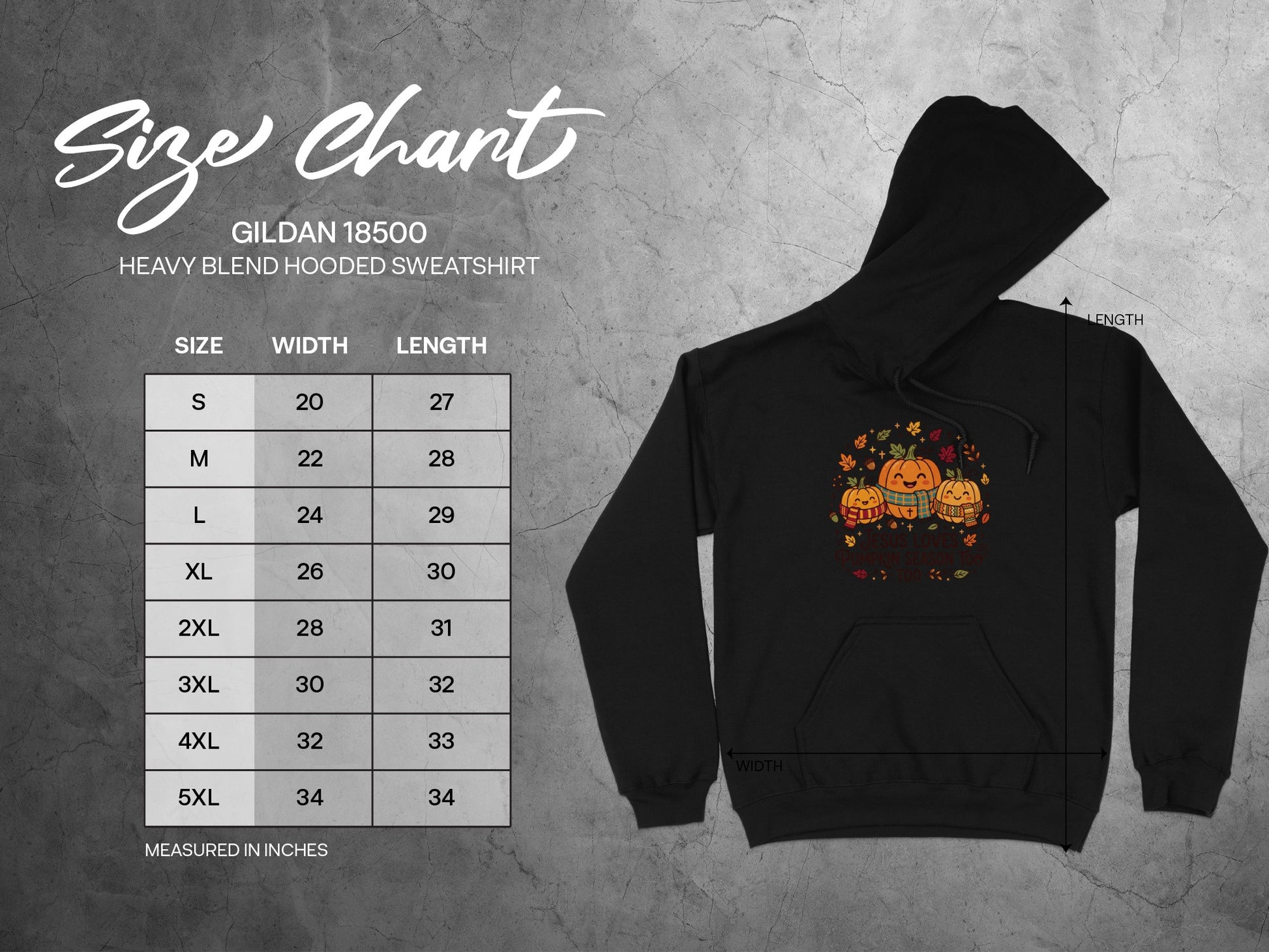 Gildan 18500 heavy blend hooded sweatshirt size chart with width and length measurements.