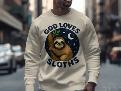 White sweatshirt with circular graphic: "God Loves Sloths" and a sloth on a branch.